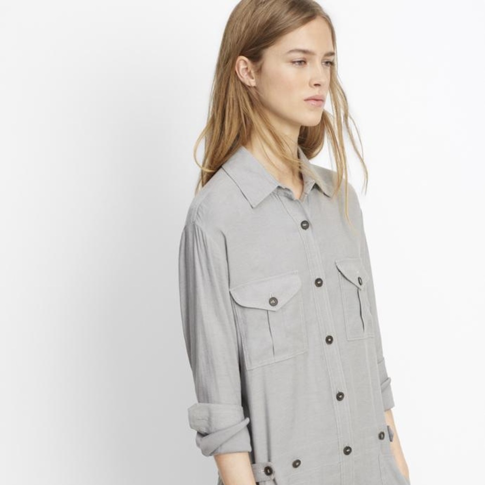 Vince Light Gray Linen Button-Front Utility Jumpsuit